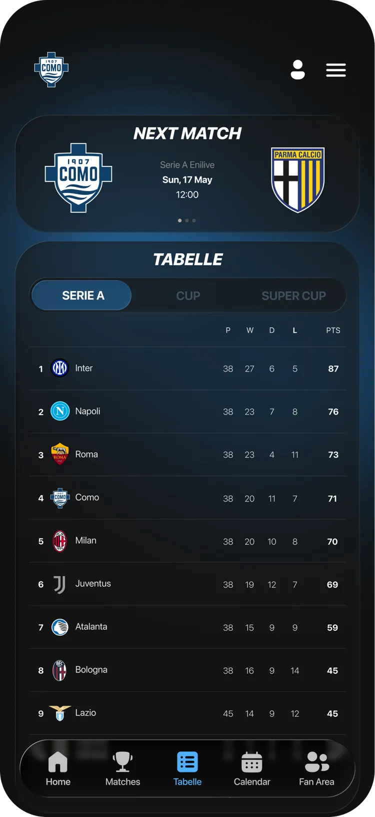 Club app: league table